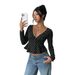 Voya Women's Retro Polka Dot V-neck Waist Cinched Long Sleeved T-shirt, Women's Light Mature Temperament, Spicy Girl Slim Fit And Slimming Bottom Top_ecoleips.com