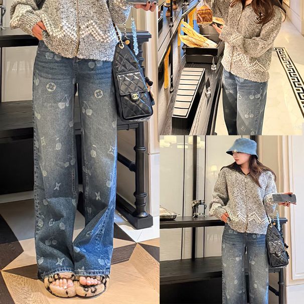 2025 Autumn New High-Waisted Jacquard Blue Straight-Leg Jeans For Women, Loose Fit, Versatile, Casual, Draped,_ecoleips.com