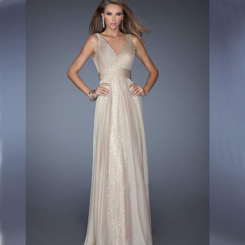 Elegant V-Neck Backless Evening Dress With Mesh Waist - Long Formal Gown For Women (Available In Ivory, Red, Navy Blue, Sizes S-Xl)_ecoleips.com