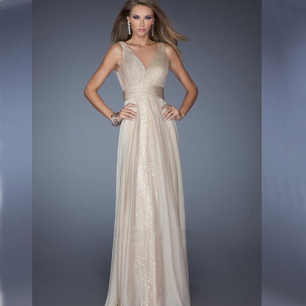 Elegant V-Neck Backless Evening Dress With Mesh Waist - Long Formal Gown For Women (Available In Ivory, Red, Navy Blue, Sizes S-Xl)_ecoleips.com