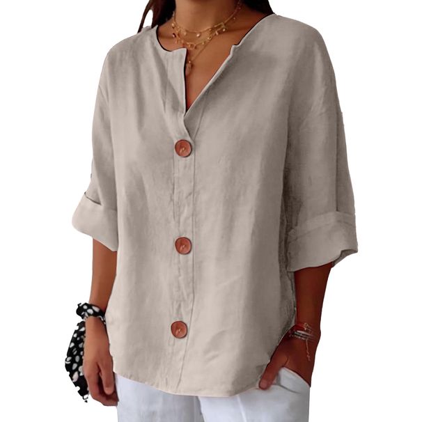 Women's Clothing Women's Loose Fitting Button Top Long Sleeve Cotton Linen Blend Split Casual Fashion T-Shirt For Autumn Winter_ecoleips.com