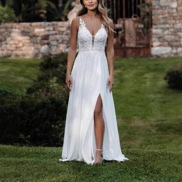 Women's Clothing Slit Wedding Dress New Bride Beach Light Wedding Dress Super Fairy Perspective Deep V Neck Sexy Trailing Slim Wedding Dress_ecoleips.com