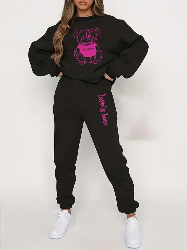 Women's Autumn And Winter Hip-hop Casual Street Cartoon Bear Pattern Printed Round Neck Sweatshirt+sports Pants Set-609_ecoleips.com