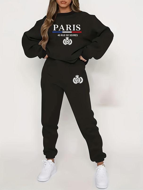 Women's Autumn And Winter Hip-hop Casual Street Paris Pattern Printed Round Neck Sports Shirt+sports Pants Set-563_ecoleips.com