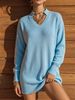 Lightweight Airy Stand Collar Split V Neck Loose Long Sleeve Knit Dress_ecoleips.com
