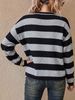 Black Grey Stripe Pit Rib Knit Top, Loose V Neck Lightweight Breathable Soft Skin-touch Long Sleeve Jumper_ecoleips.com