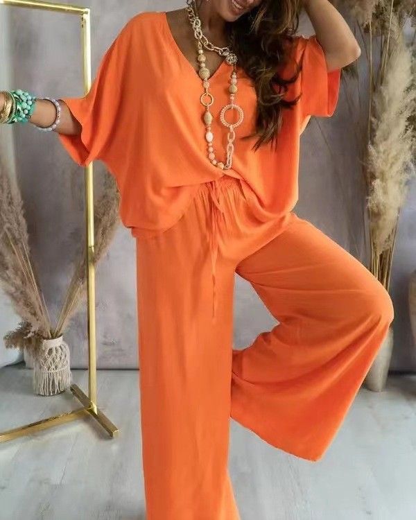 Women's Clothing V Neck Bat Sleeve Casual Loose Wide Leg Pants Suit_ecoleips.com