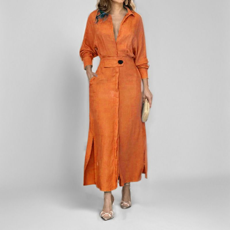 Spring Women's Commuter Dress Lace Up Solid Color Deep V Long Sleeved Waist Design_ecoleips.com