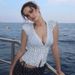 Women's Sexy Deep V Neck T-Shirt Polka Dot Pattern Pleated Waist Slimming Top European American Style Spring New Arrivals_ecoleips.com