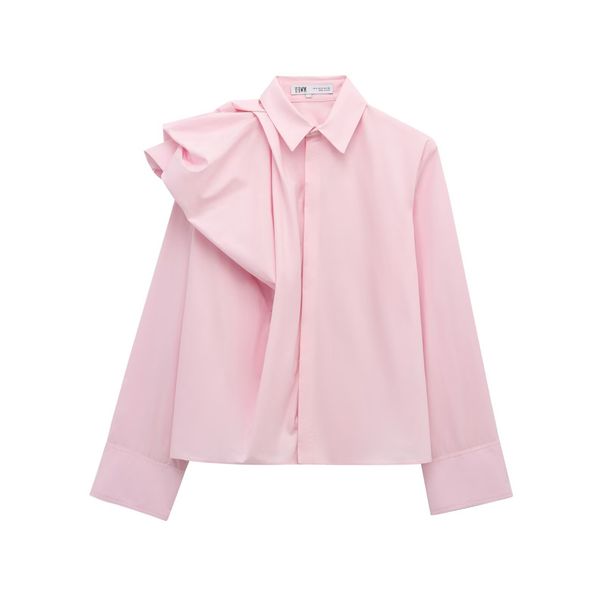Women's Puff Sleeve Poplin Shirt – Vintage Elegance With Unique Shoulder Detail, Relaxed Fit, Breathable Polyester, Pink Blouse For Work & Casual_ecoleips.com