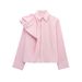 Women's Puff Sleeve Poplin Shirt – Vintage Elegance With Unique Shoulder Detail, Relaxed Fit, Breathable Polyester, Pink Blouse For Work & Casual_ecoleips.com