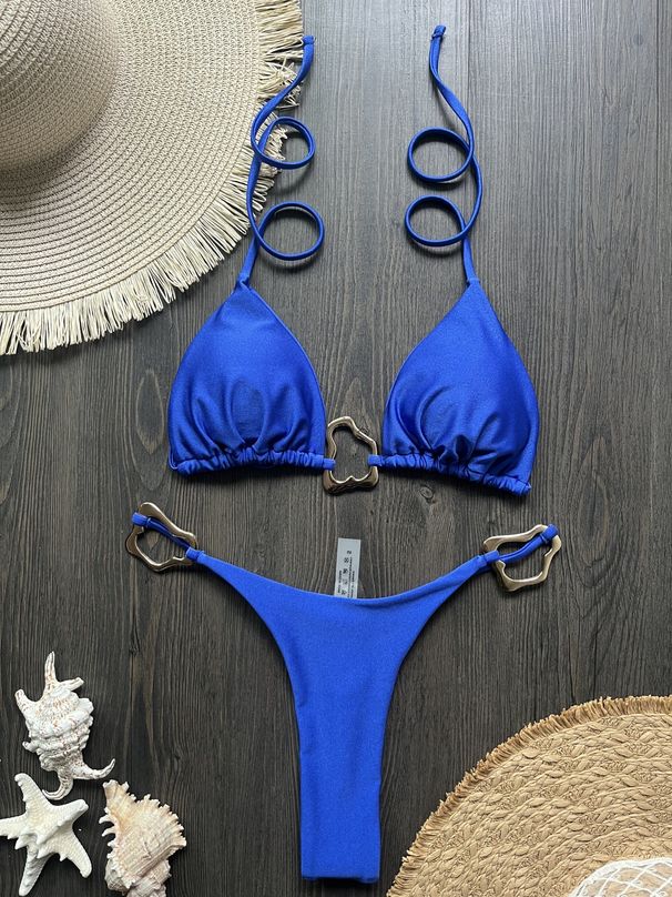 Women's Bikini Set Solid Color Swimsuit Sexy Beachwear With Irregular Metallic Trim Regular Size_ecoleips.com