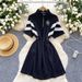 Women's Clothing College Style Striped Short Sleeved Dress Summer With Lapel And Drawstring Waist, Slim Temperament And Petite Mid Length Skirt_ecoleips.com