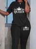 Women's Casual Loose And Fashionable QUEEN Letter Pattern Printed Loose T-shirt+cropped Pants Two-piece Set Home Sportswear Daily Wear-273_ecoleips.com