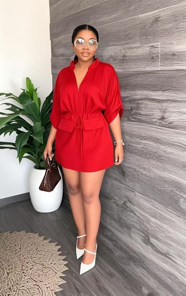 Women's Clothing Women's Casual Loose V Neck Low Cut Tie Waist Workwear Dress Sexy For Formal & Casual For Women_ecoleips.com