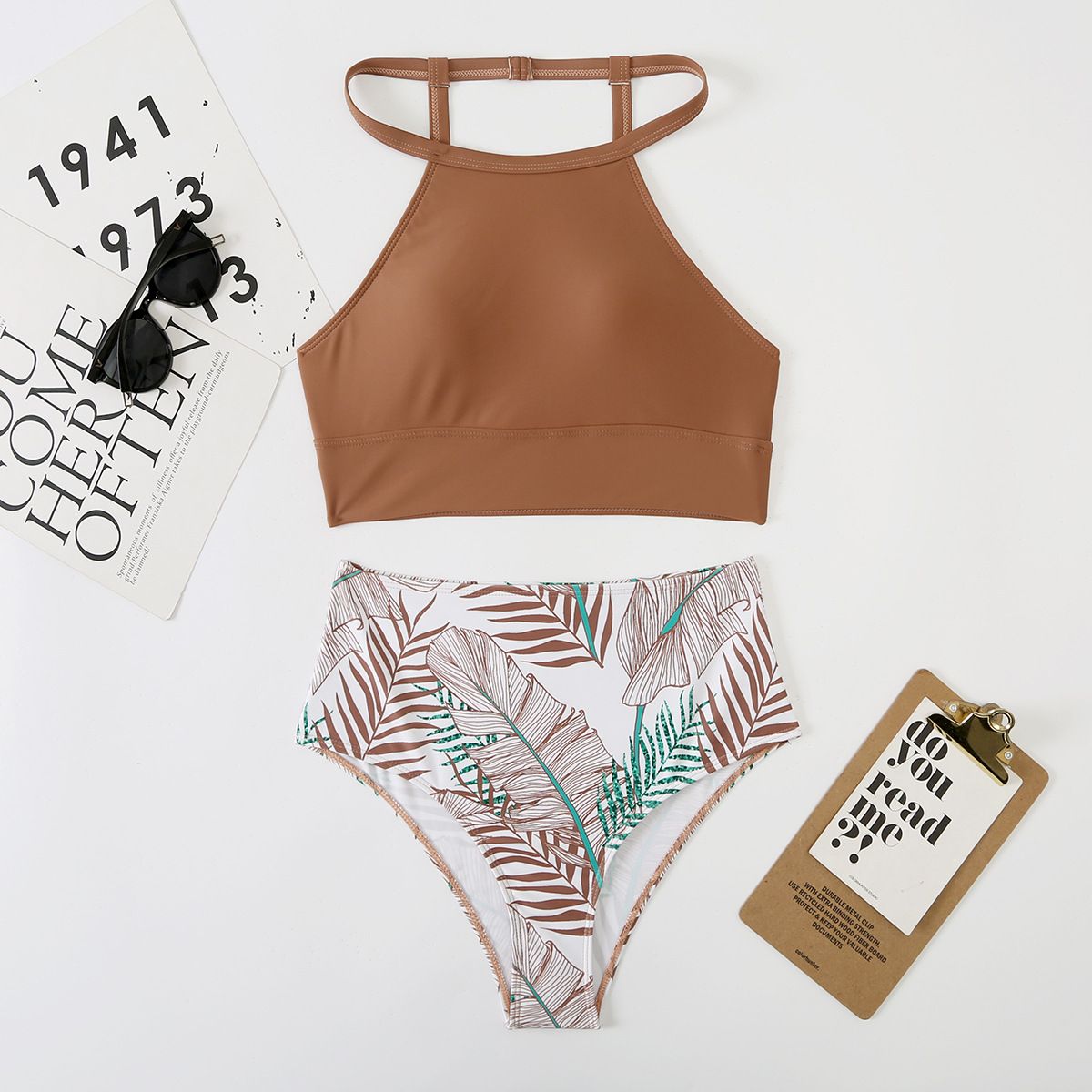 Women's High Waist Bikini Set Swimwear Quick Dry Sexy Stretchy Leaf Print Beach Pool Clothing_ecoleips.com