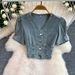 Fashionable V-Neck Bubble Sleeve Blouse With High-Waisted Denim Mermaid Skirt Set - Elegant Two-Piece Outfit For Women_ecoleips.com