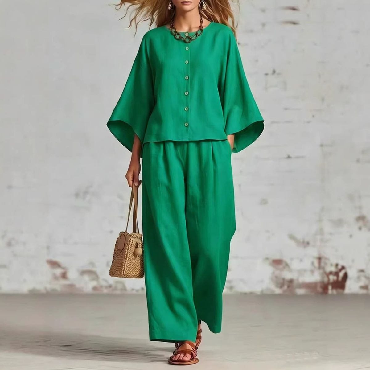 Women's Linen Blend Wide Leg Pants And Top Set, Casual Comfort Two Piece Outfit For Everyday Wear_ecoleips.com