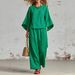 Women's Linen Blend Wide Leg Pants And Top Set, Casual Comfort Two Piece Outfit For Everyday Wear_ecoleips.com