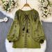 Women's Ethnic Style Embroidered Top Tie Waist Loose Fit Slimming Lantern Sleeves Super Cute Versatile Spring 2025_ecoleips.com