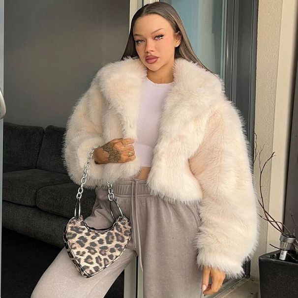 Faux Fox Fur Short Coat With Lapel Collar - Oversized Eco-Friendly Faux Fur Jacket For Women, Winter Warm Plush Coat In Beige (S/M/L)_ecoleips.com