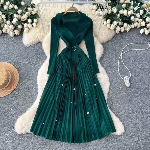 Commuter Style Lapel Beaded Long Sleeved Dress, Fitted Waist Pleated Skirt, High End Elegant And Gentle Long Dress._ecoleips.com