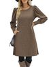 Women's Knitted Dress Bubble Long Sleeve Round Neck Casual Waist Cinching Outerwear Autumn Winter Fashion_ecoleips.com