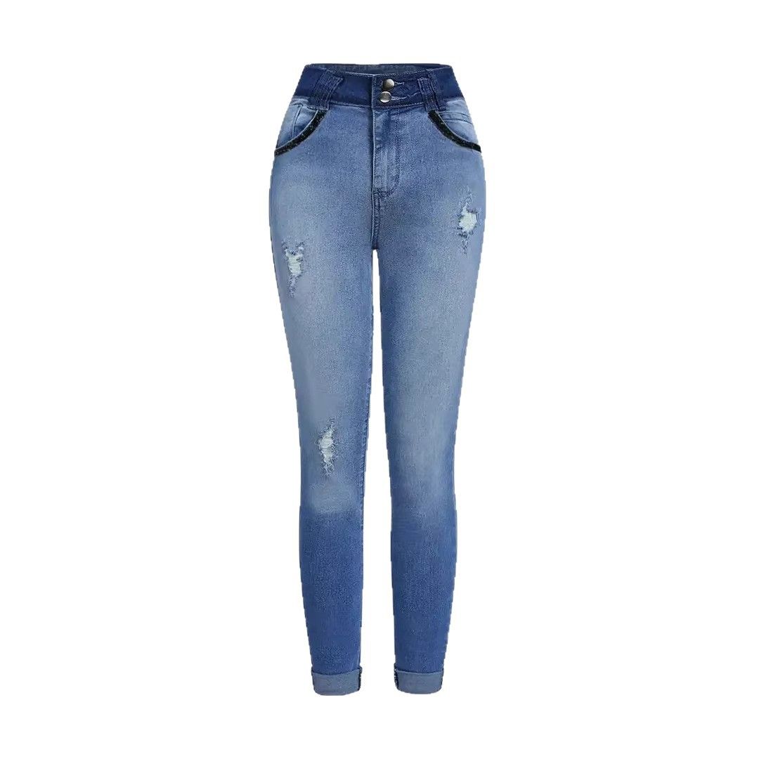 Women's Slim Fit Stretch Jeans Hip Lifting Ripped Skinny Long Pants Sexy European American Style Denim_ecoleips.com