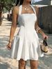 Pure & Flirty Halter Neck Dress – Corset Waist Mini Dress With Ruffle Hem, Summer Vacation Bodycon Dress (White, S/M/L/XL)_ecoleips.com