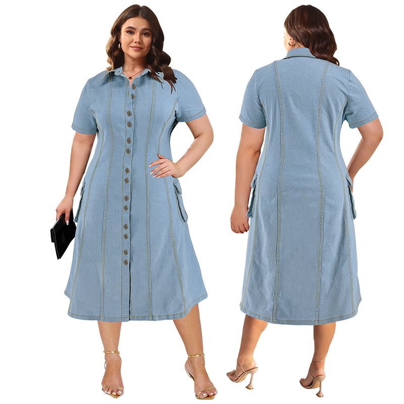 Women's Clothing Plus Size Women's Denim Collared Short Sleeved Button Up Dress For Formal & Casual For Women_ecoleips.com