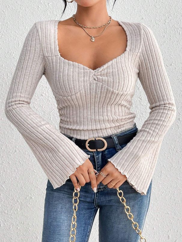 Voya Ladies' Elegant Style T-shirt With Square Collar And Flared Sleeves For Spring And Summer, Slim Fit Long Sleeved Top For Ladies_ecoleips.com