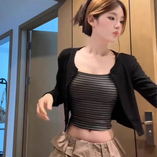 Casual Korean-style Long-sleeve Cardigan With Striped Tank Top And Camisole, Autumn Two-piece Fashion Set_ecoleips.com