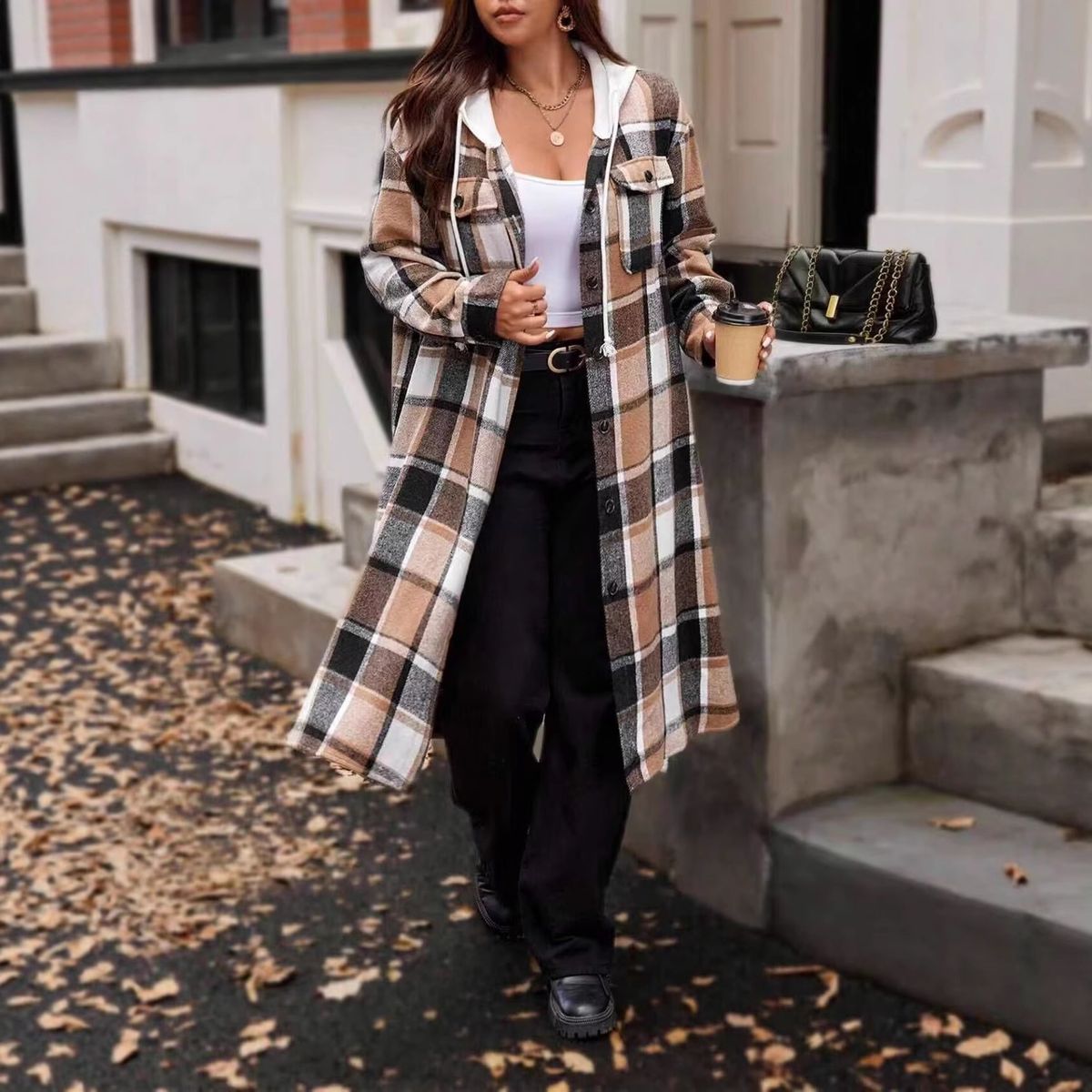 Women's Oversized Plaid Wool Coat – Autumn Winter Long Hooded Trench Coat, Slit Design, Loose Fit, European & American Style (Brown, Sizes S-XXL)_ecoleips.com