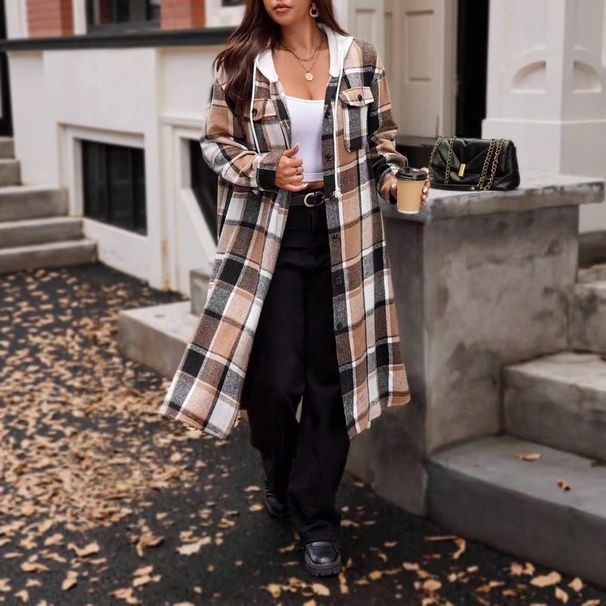 Women's Oversized Plaid Wool Coat – Autumn Winter Long Hooded Trench Coat, Slit Design, Loose Fit, European & American Style (Brown, Sizes S-XXL)_ecoleips.com