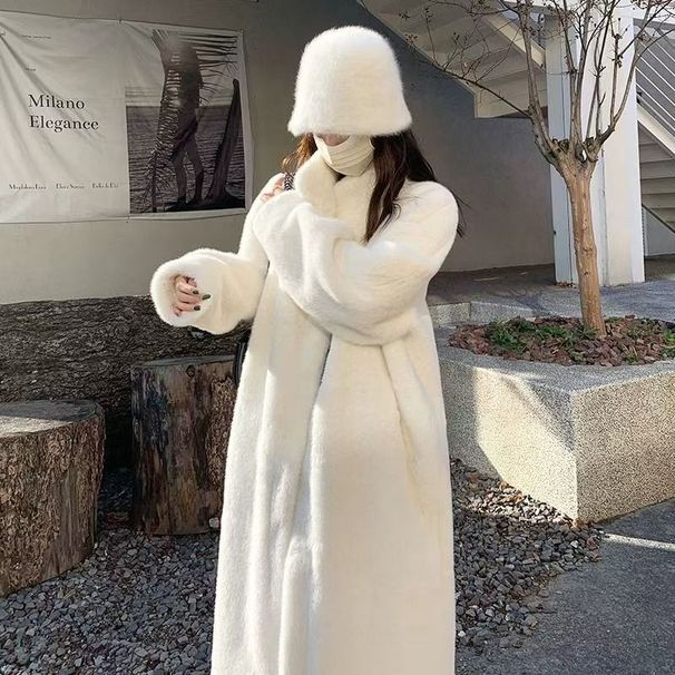 Faux Fur Long Coat With Stand Collar – Luxe Vegan Fur, Oversized Fit, Trendy Streetwear Style (White/Black/Taupe)_ecoleips.com