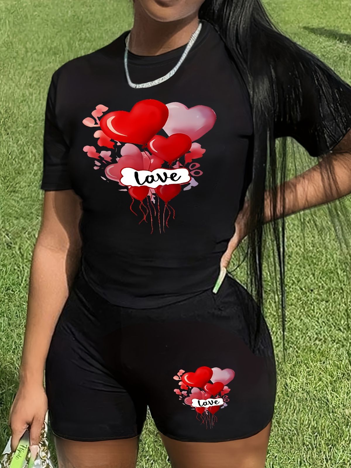 Summer Women's Casual And Fashionable Balloon Graphic Printed Loose T-shirt Shorts Two-piece Sportswear Suitable For Daily Wear-142_ecoleips.com