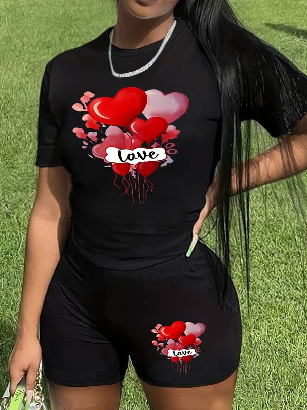 Summer Women's Casual And Fashionable Balloon Graphic Printed Loose T-shirt Shorts Two-piece Sportswear Suitable For Daily Wear-142_ecoleips.com