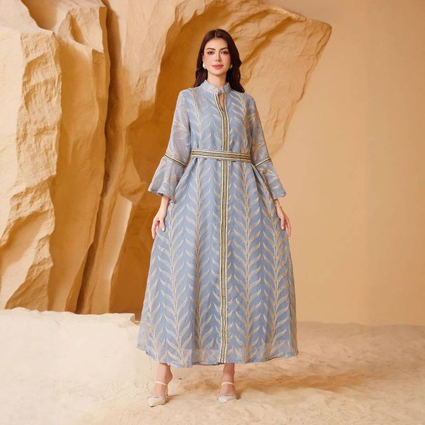 Modest Abaya Dress Women's Elegant Long Dress With Middle East Cross-Over Embroidery Bell Sleeves Pullover Style For Dubai Fashion_ecoleips.com