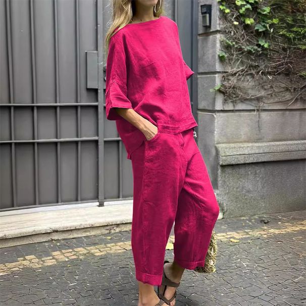 2027 Summer Fashion Women O-Neck Long Sleeve T-Shirt + High Waist Pants Cotton-Linen Two-Piece Casual Sets_ecoleips.com