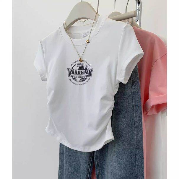 Women's Short Sleeve T-Shirt Slim Fit Letter Print Pleated Design Summer New Fashion Top_ecoleips.com