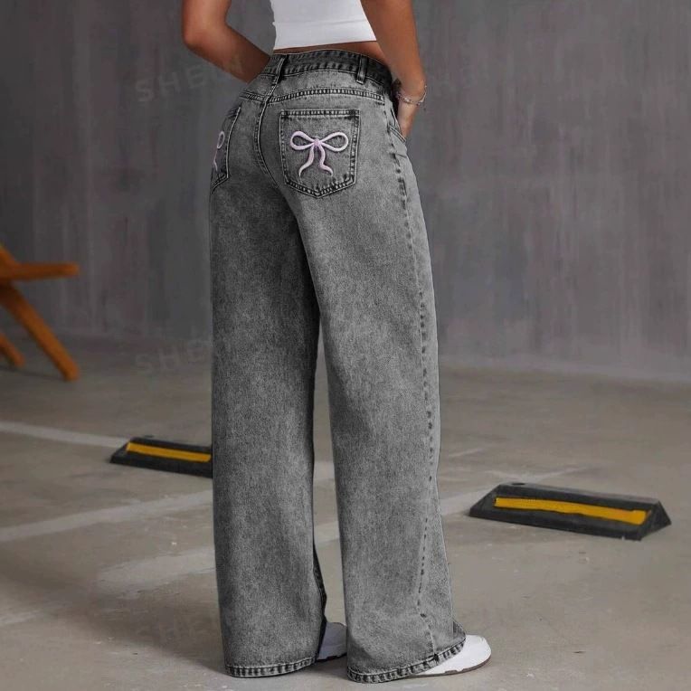 Women's Clothing Retro Bow Embroidery Washed Jeans Women's Sweet And Spicy Straight Loose Trousers_ecoleips.com