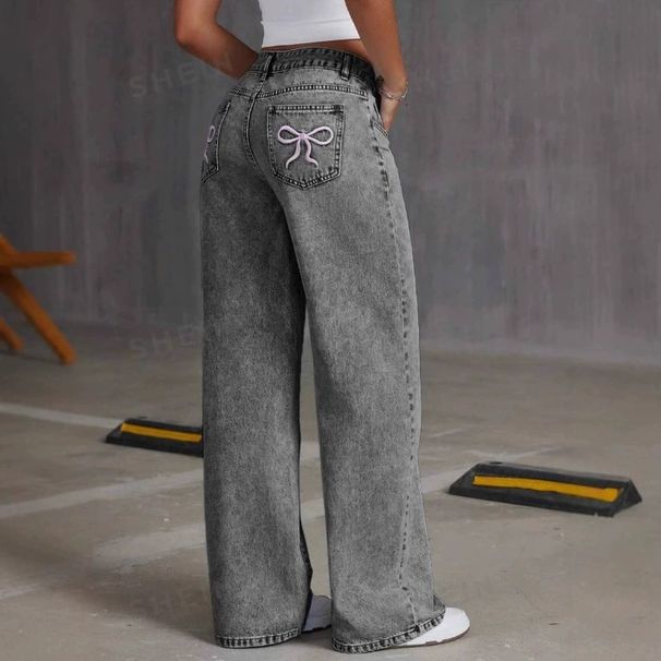 Women's Clothing Retro Bow Embroidery Washed Jeans Women's Sweet And Spicy Straight Loose Trousers_ecoleips.com