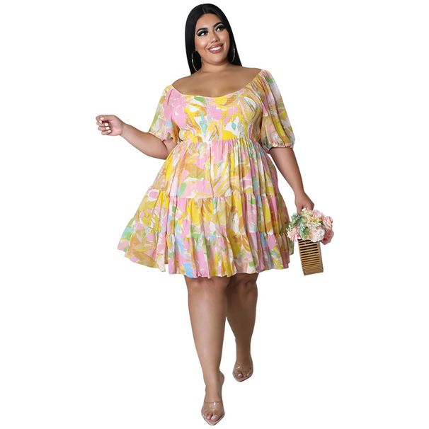 Plus Size Off Shoulder Floral Print Dress, Flowy A-Line Swing Dress With Puff Sleeves For Women, Cute Cartoon Print Summer Dress_ecoleips.com