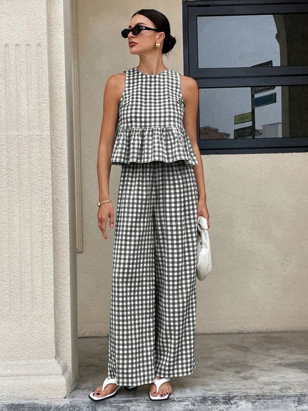 Women's Fashion Casual High Waist Straight Leg Pants Set with Ruffled Skirt Top Sleeveless round Neck Design for Spring/Autumn Summer_ecoleips.com
