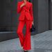 Women's Clothing Red Single Button Suit Set European And American Style Fashionable Waist Cinching Belted Flared Pants Professional Two Piece_ecoleips.com