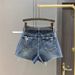 Women's Dark Denim Shorts European Style Ripped Frayed Hem Slimming Wide Leg A-Line Hot Pants Summer 2026 Versatile Clothing_ecoleips.com