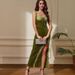 Verve 2025 Spring New Women's Velvet Lace Sexy Long Slit High Waist Slim Fit Strap Dress_ecoleips.com
