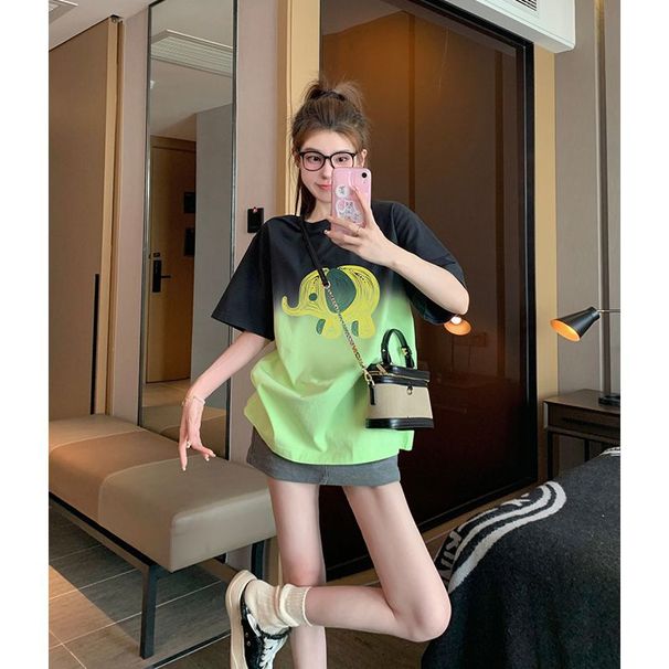 ng2510292 Summer American Retro Black Gradient Tie-dye Short-sleeve T-shirt For Women, High-end, Loose, Casual, Versatile,_ecoleips.com