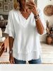 New Women's V Neck Pullover Short Sleeve Shirt Loose Fit Casual Top American_ecoleips.com