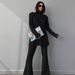 Ribbed High-Neck Knit Set – Long Sleeve Turtleneck & Wide-Leg Pants, Cozy Winter Two-Piece Outfit (Black/White/Rose) – Trendy Matching Loungewear_ecoleips.com
